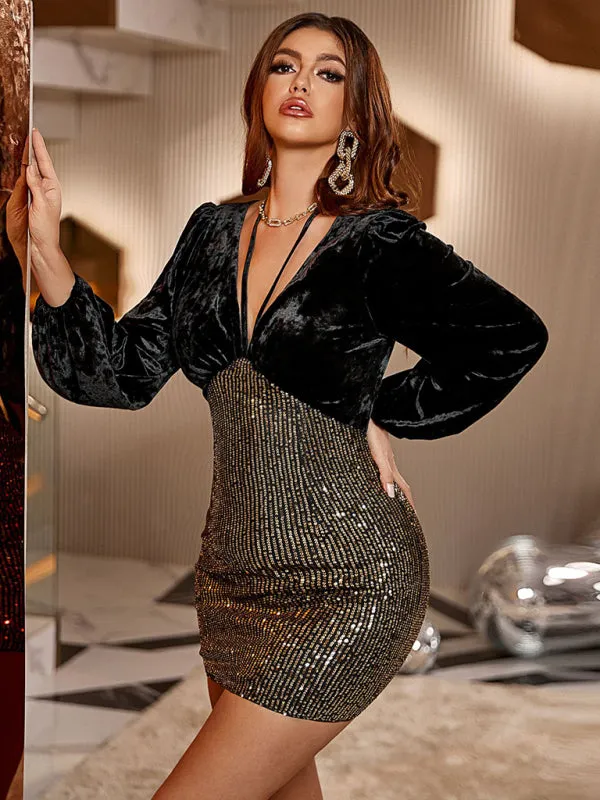 Women's Velvet And Sequin Fitted Backless Party Dress