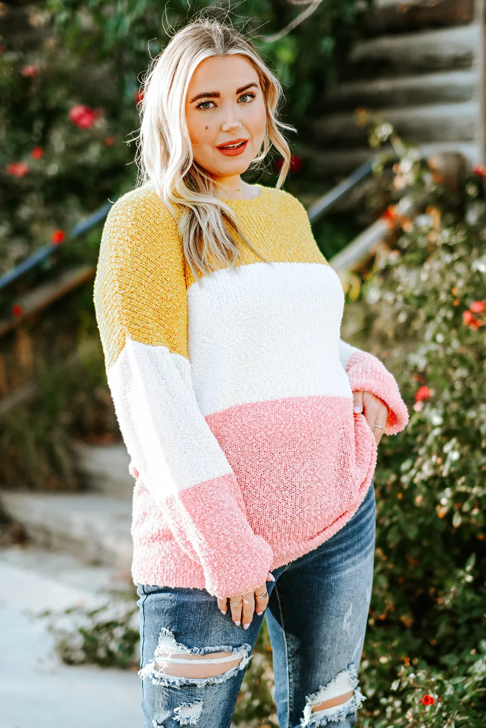 Yellow Colorblock Bubble Sleeve Plus Size Sweater